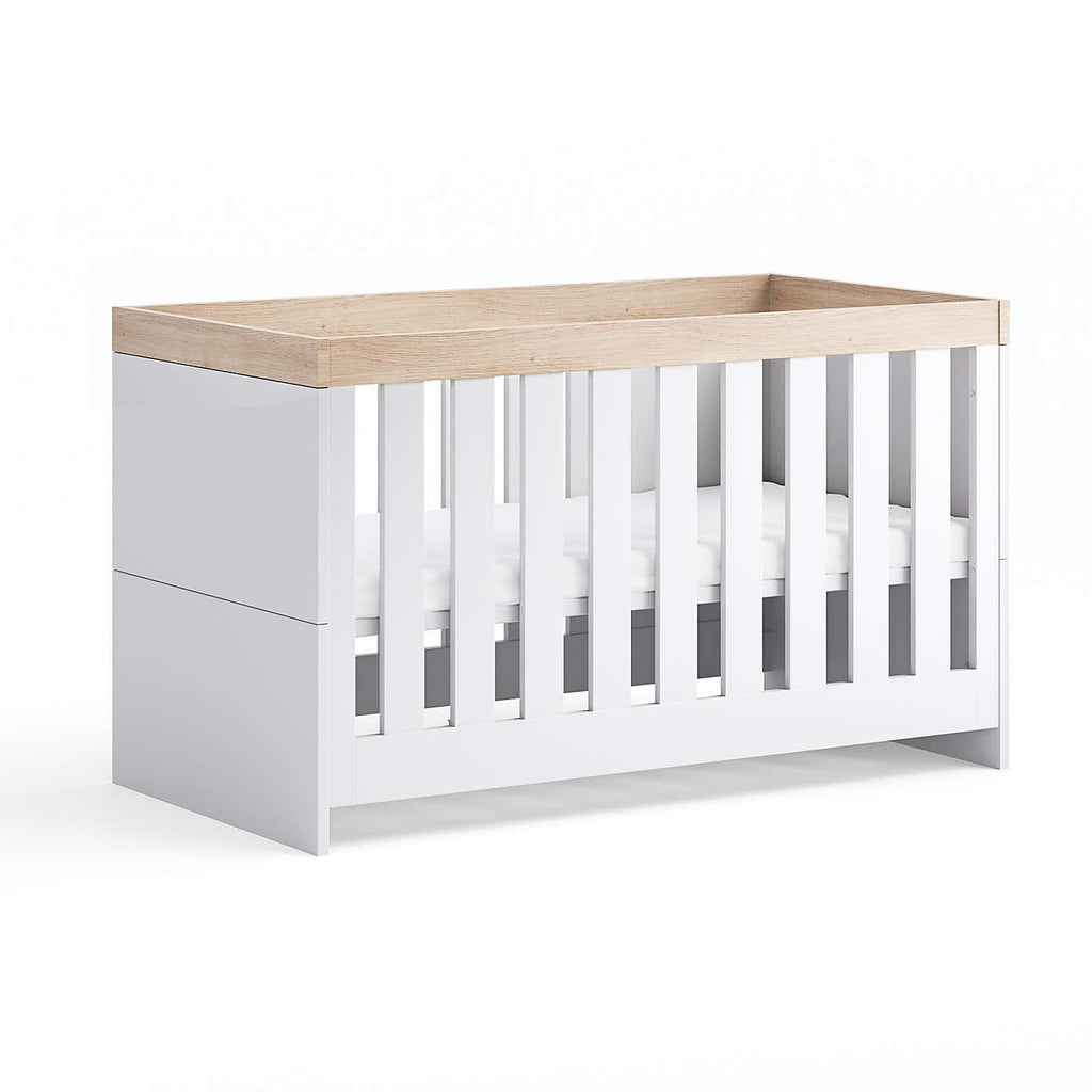 Little Acorns Burlington 3 Piece Nursery Furniture Set with Cot Bed, Dresser and Wardrobe - White & Oak