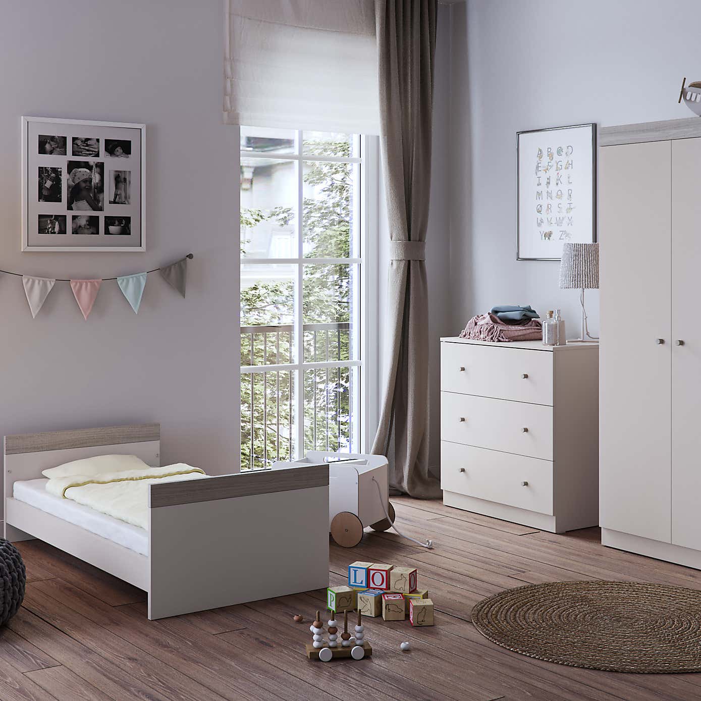 Little Acorns Burlington 3 Piece Nursery Furniture Set with Cot Bed, Dresser and Wardrobe - Cashmere & Grey Ash