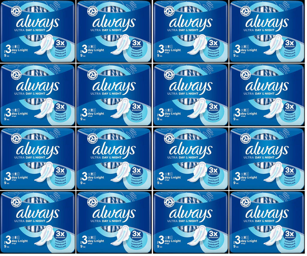 16 x Always Ultra Day & Night Sanitary Towels (Size 3) Wings 9 Pads