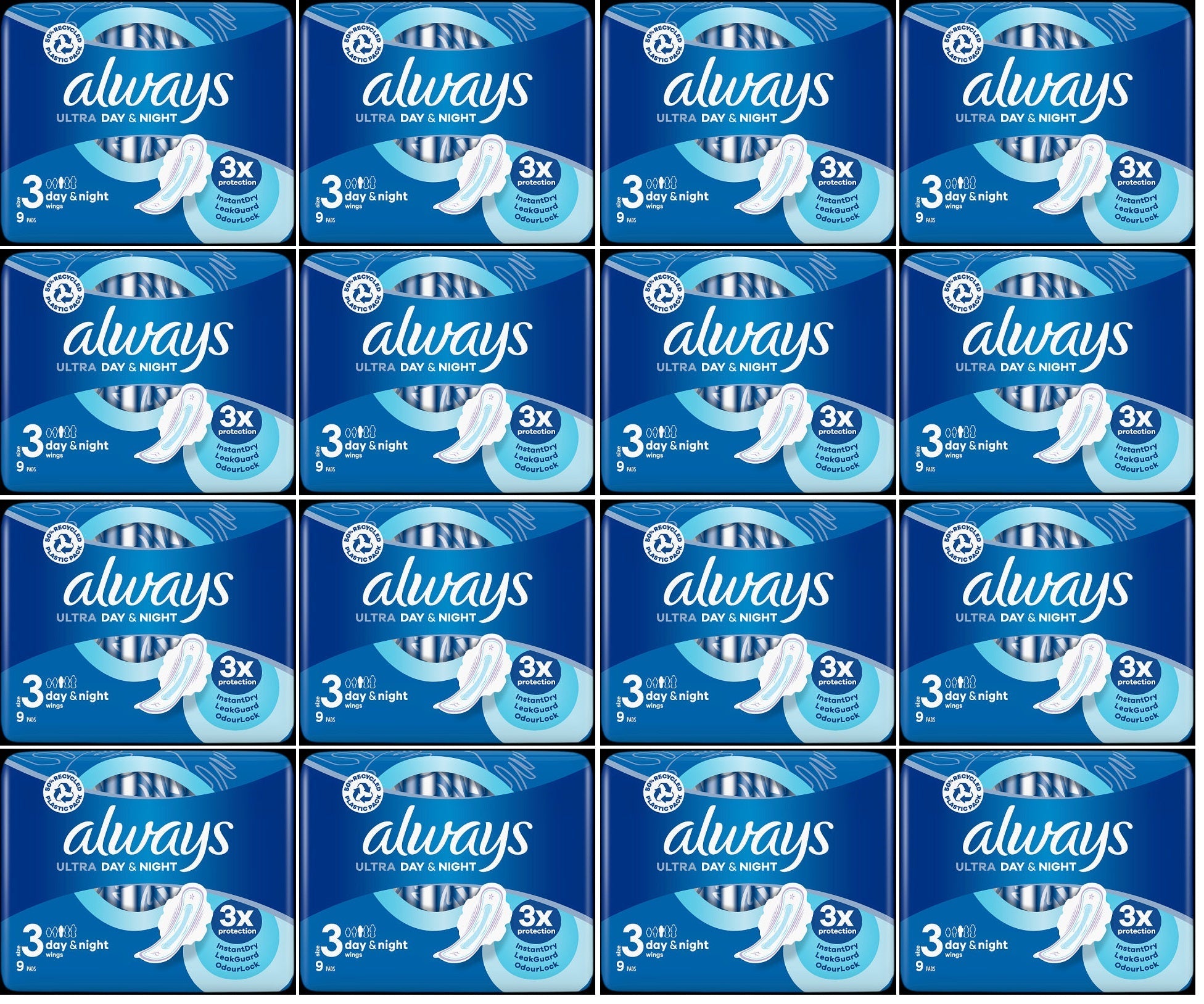 16 x Always Ultra Day & Night Sanitary Towels (Size 3) Wings 9 Pads