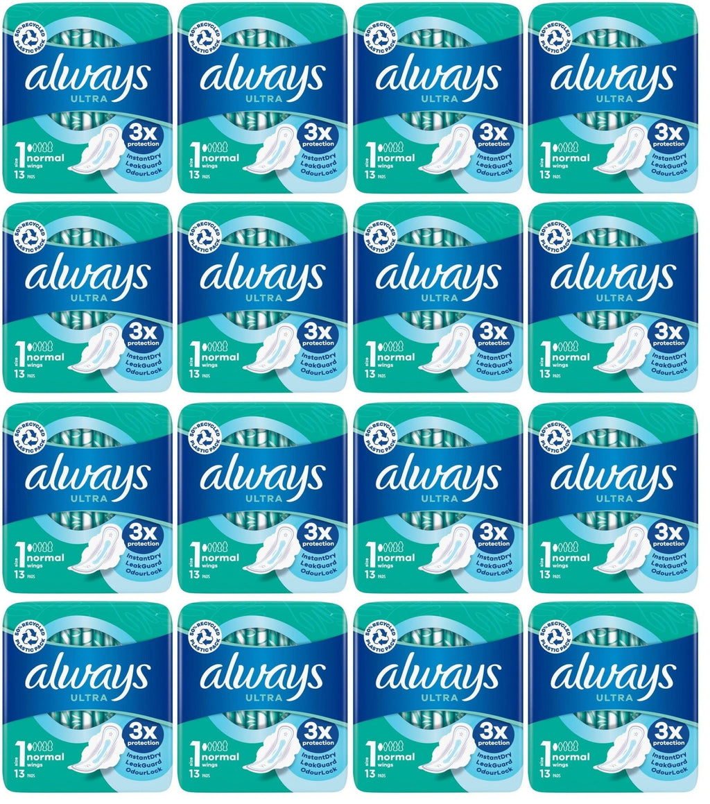 16 x Always Ultra Day Sanitary Towels Normal (Size 1) Wings 13 Pads