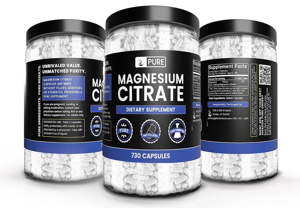 Pure Original Magnesium Citrate - 730 Capsules | No Magnesium or Rice Fillers, Always Pure, Lab Verified