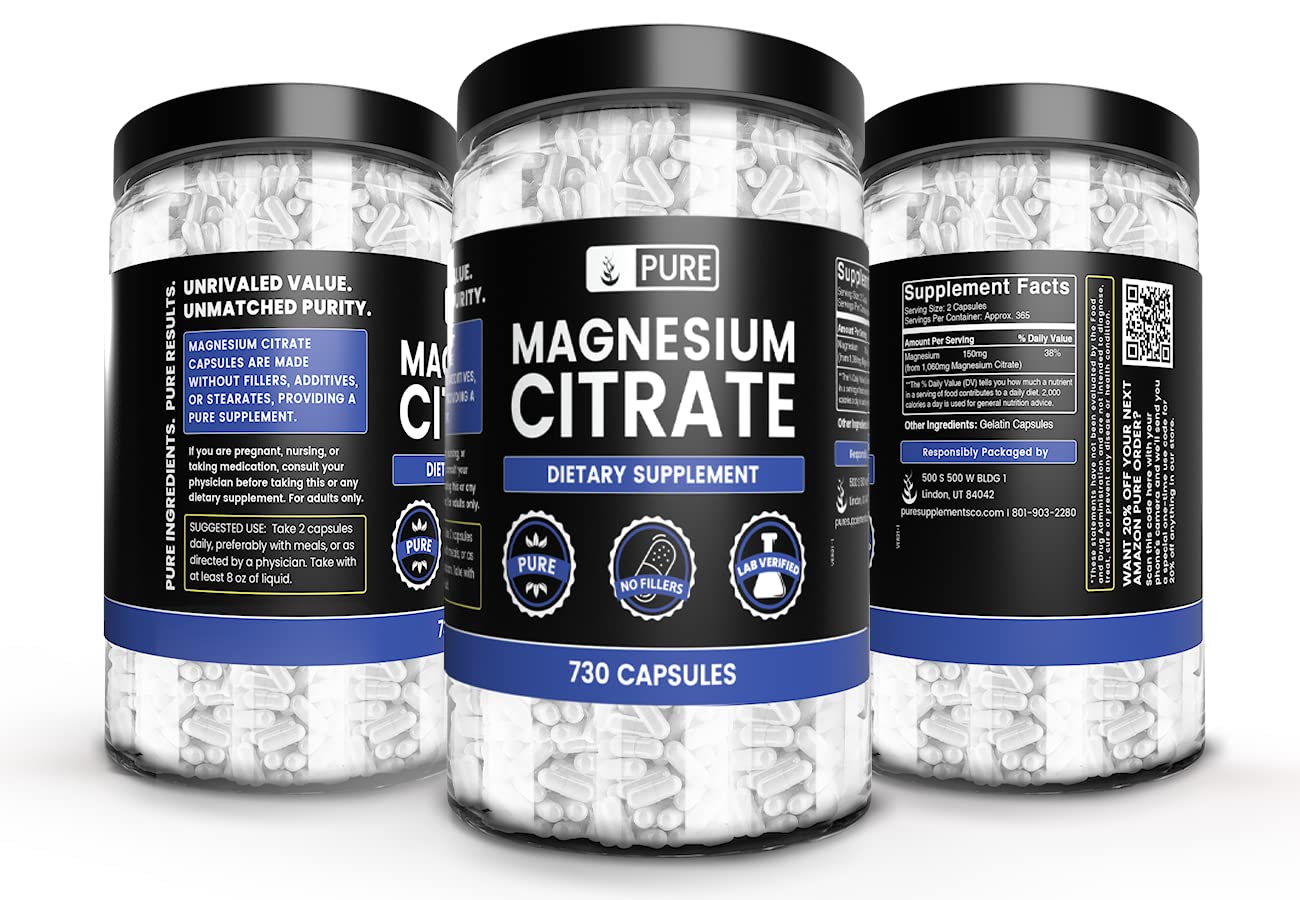 Pure Original Magnesium Citrate - 730 Capsules | No Magnesium or Rice Fillers, Always Pure, Lab Verified