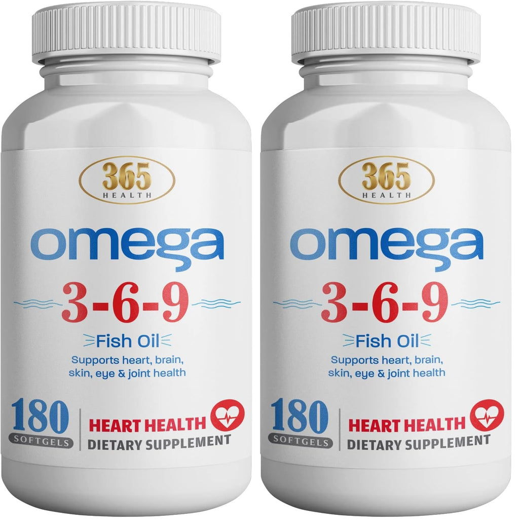 365 Health Omega 3-6-9 180 Softgels – from Fish, Flaxseed & Borage Oils – Non-GMO & Gluten Free (Pack of 2)