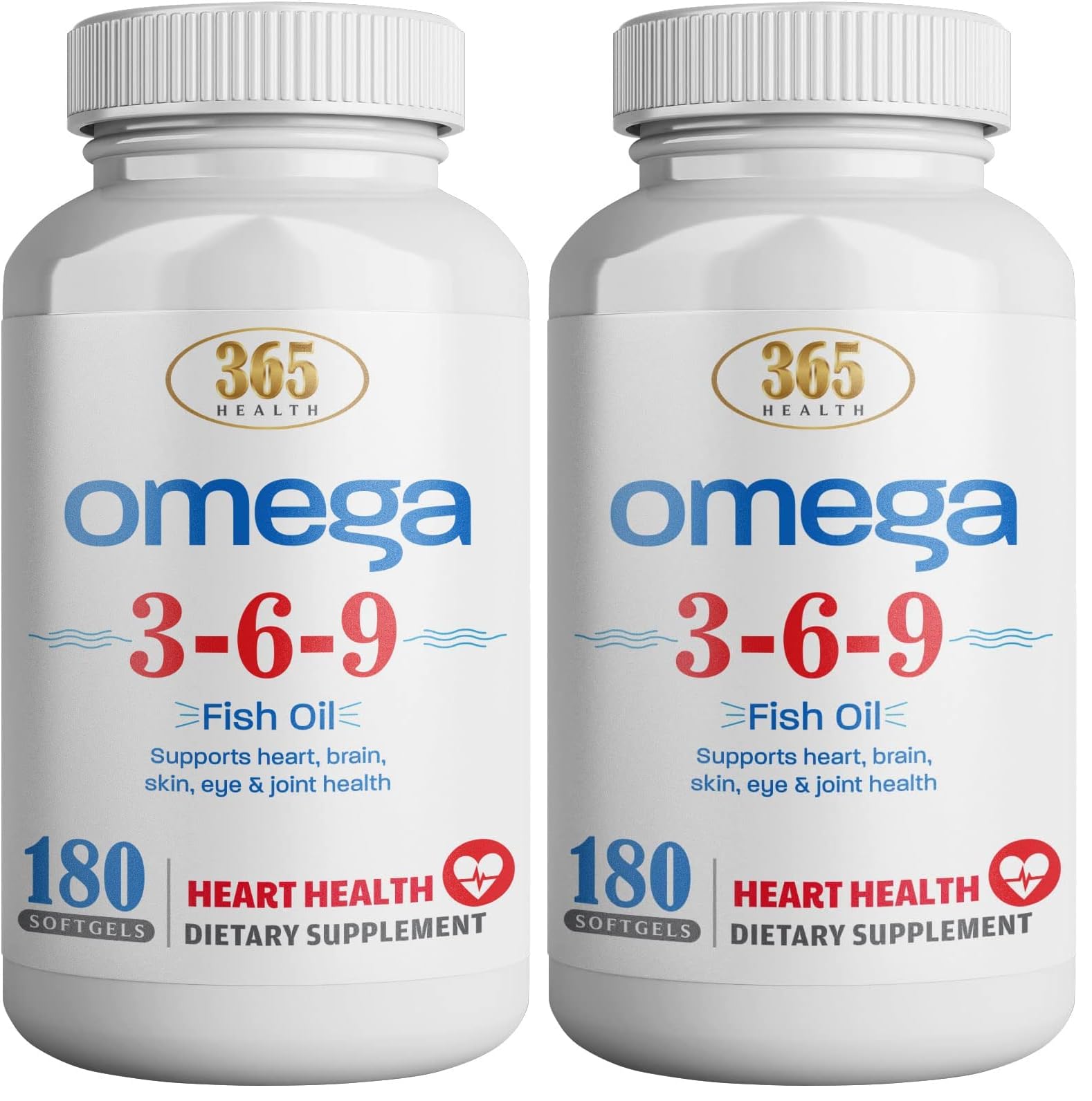 365 Health Omega 3-6-9 180 Softgels – from Fish, Flaxseed & Borage Oils – Non-GMO & Gluten Free (Pack of 2)