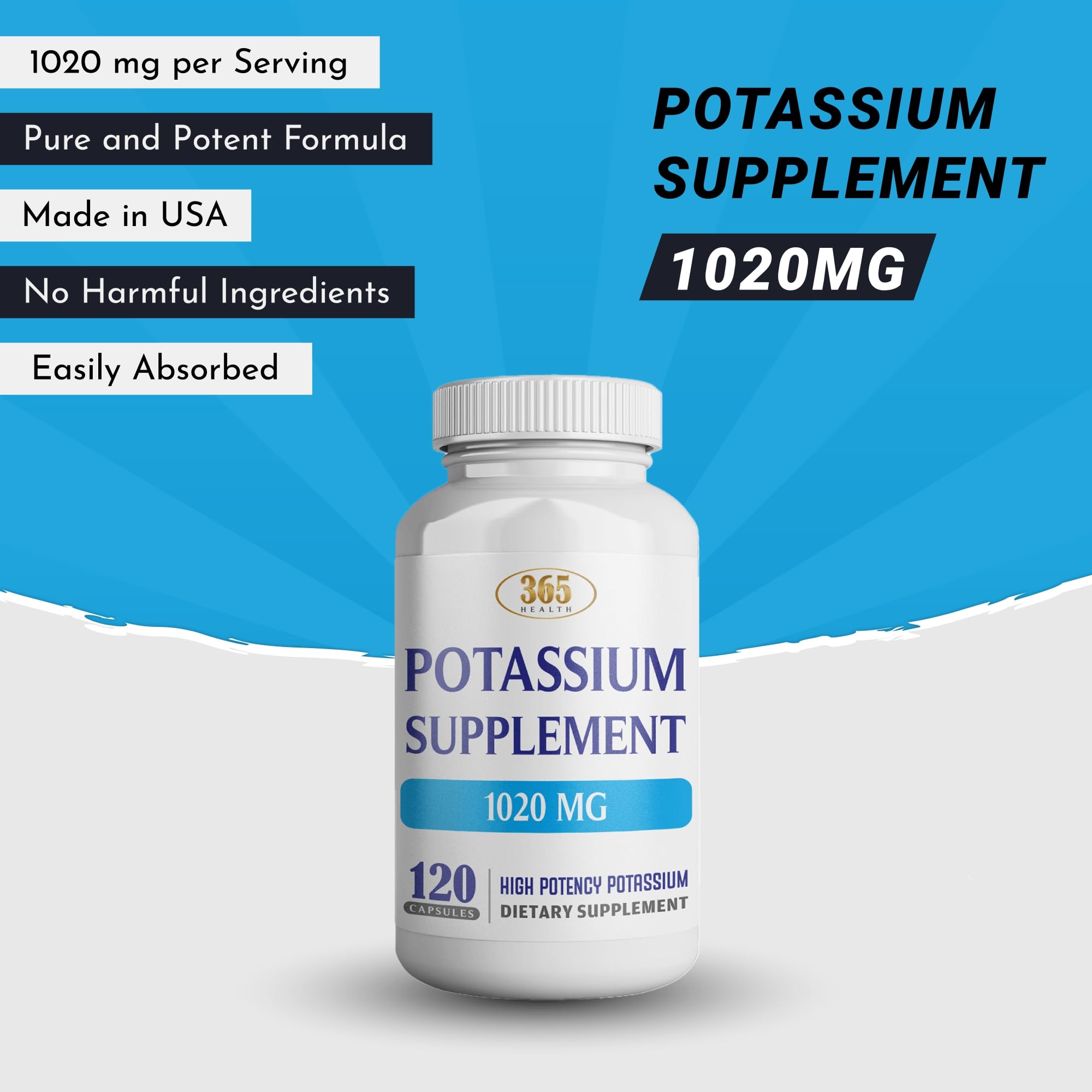 365 Health Potassium Supplement 1020 mg | Potassium Bicarbonate | Non-GMO, Gluten Free | Made in USA | 120 Vegetarian Capsules (2-Pack)