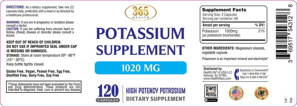 365 Health Potassium Supplement 1020 mg | Potassium Bicarbonate | Non-GMO, Gluten Free | Made in USA | 120 Vegetarian Capsules (2-Pack)