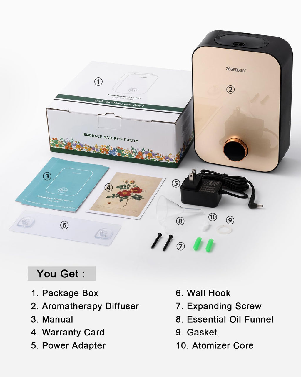 365FEEGD Home Diffuser 150ml – Bluetooth Control, 24/7 Customizable Settings (Black Gold)