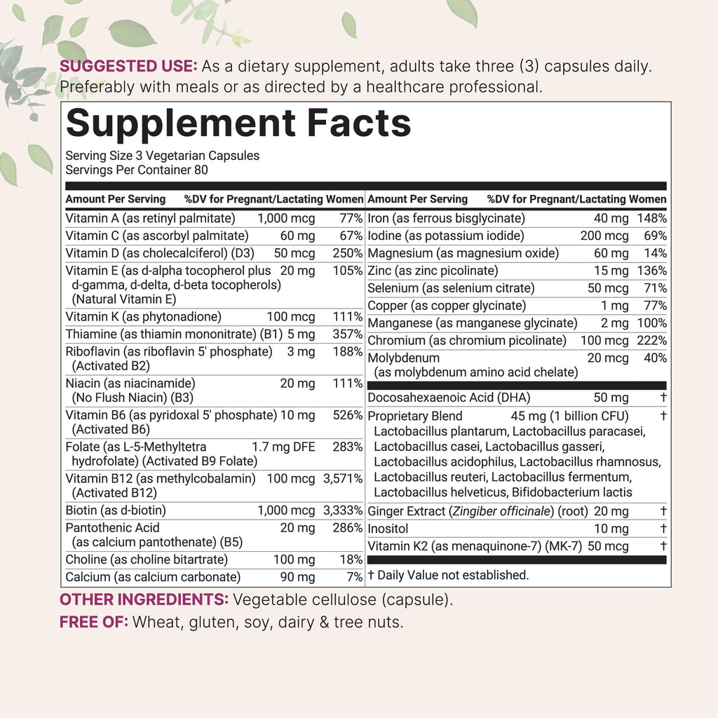 Pure Methylated Prenatal Vitamins for Women — 240 Veggie Capsules | 38 Vital Nutrients with DHA, Choline, Probiotics, Ginger, Inositol, & Methylfolate + Iron | No Fillers