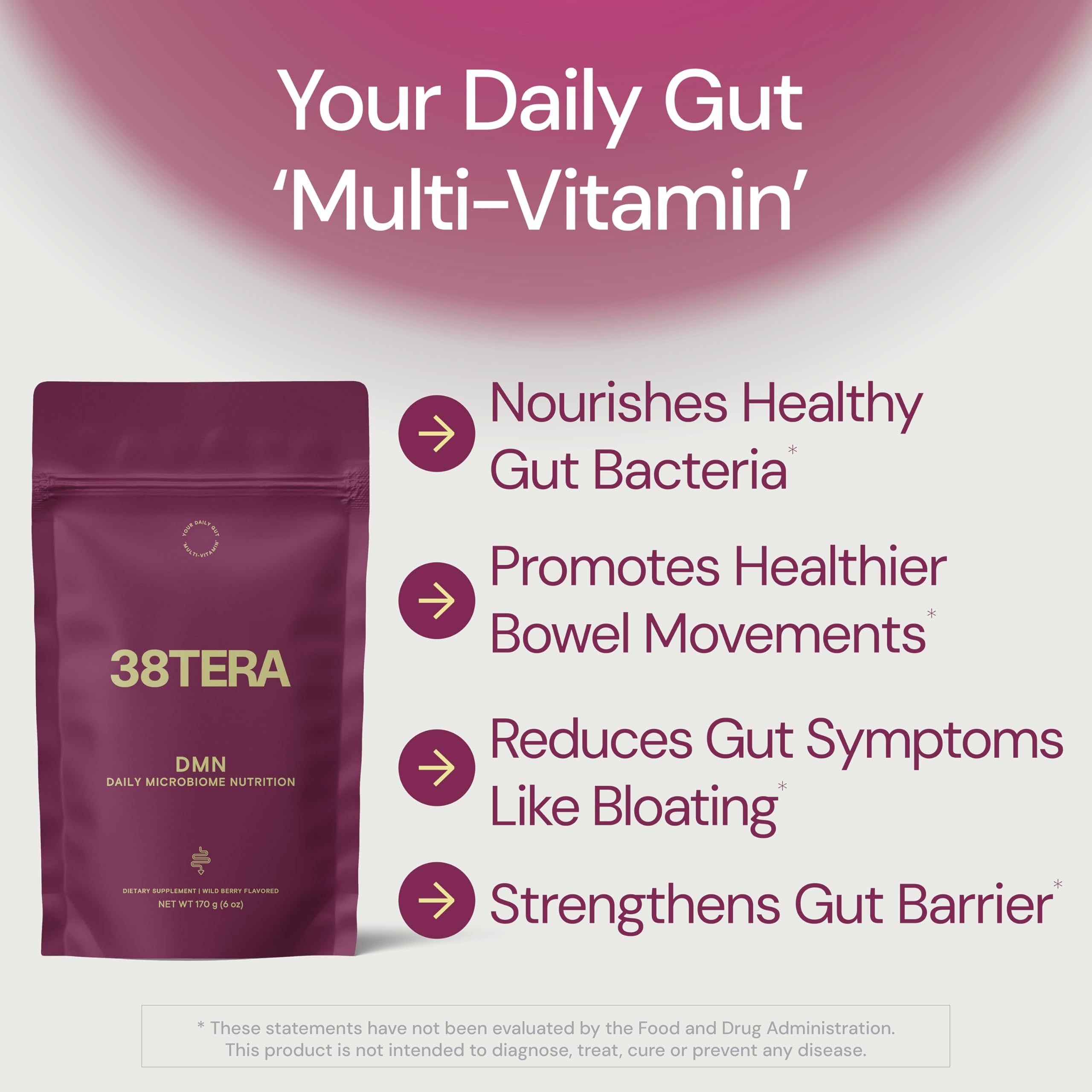 38TERA DMN Daily Microbiome Nutrition | Plant-Based Fiber Powder with 3 Prebiotics, Low FODMAP, Vegan, Wild Berry