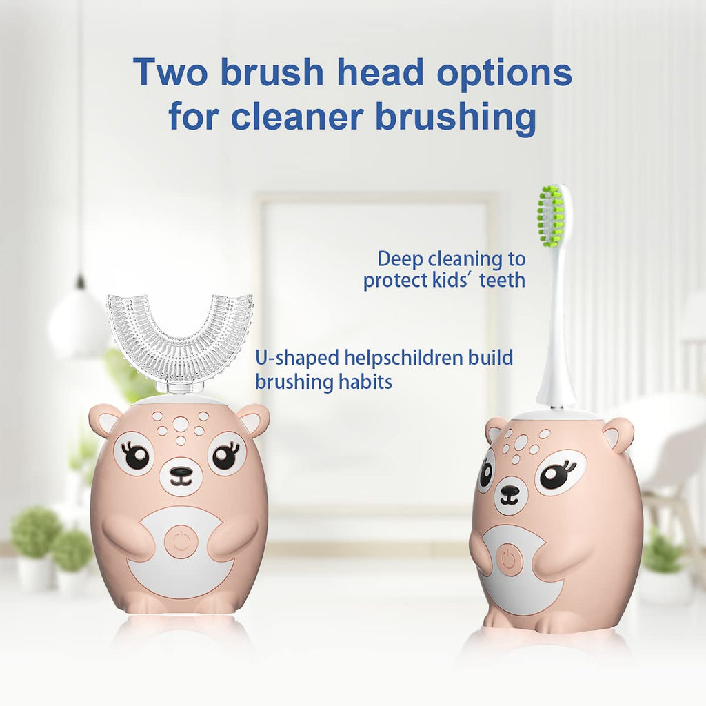 Kids U-Shaped Sonic Electric Toothbrush — Automatic, 6 Modes, 4 Heads, Cartoon Deer Design