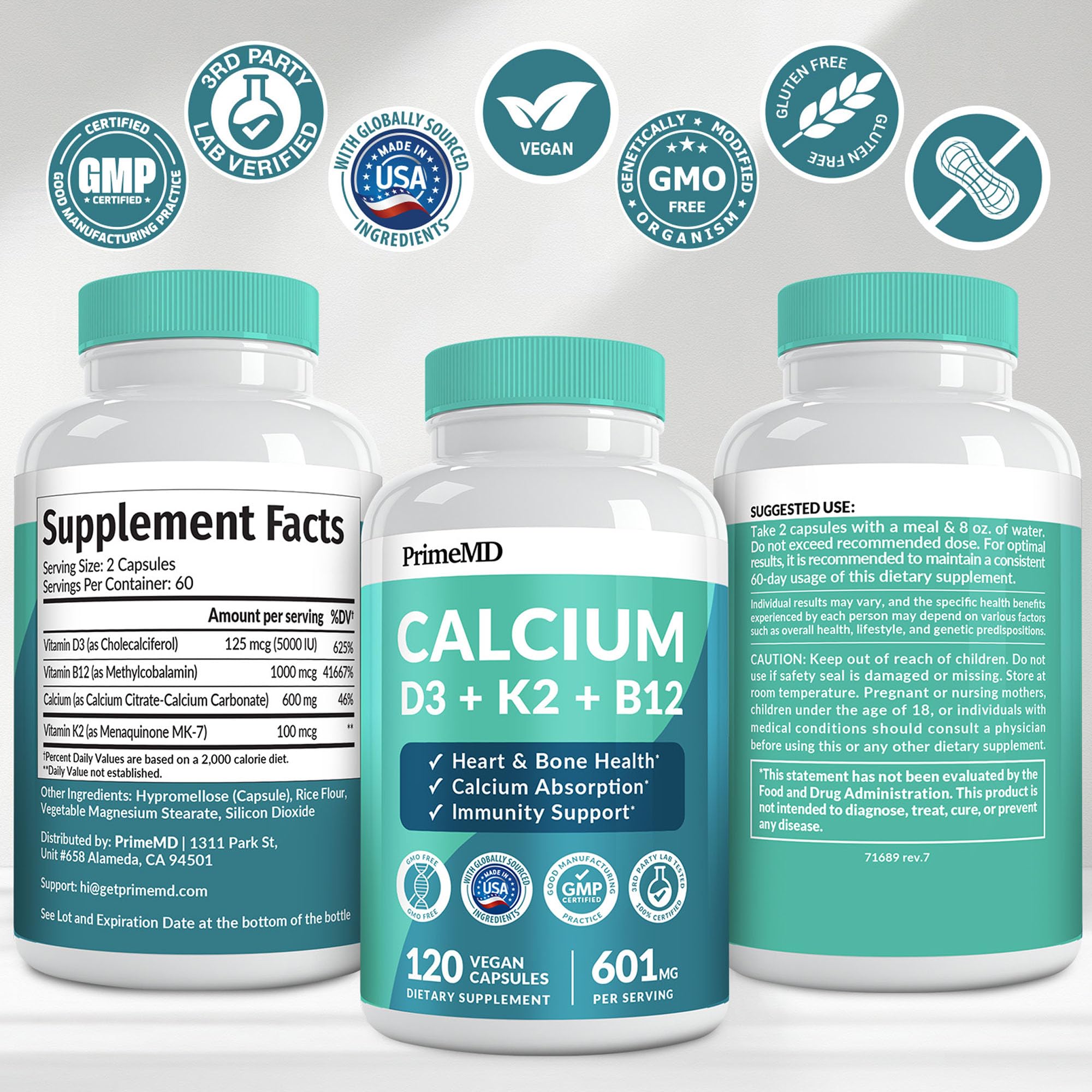 4-in-1 Calcium + Vitamin D3/K2 5000 IU - 601mg per Serving (120 ct) | Gluten-Free & Vegan