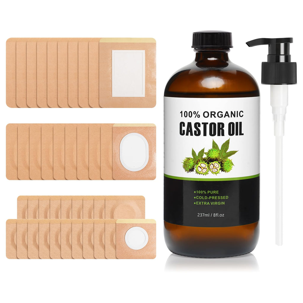 40 Pcs Castor Oil Pack Wrap – Self-Adhesive Patches + 8oz Organic Oil (237ml)