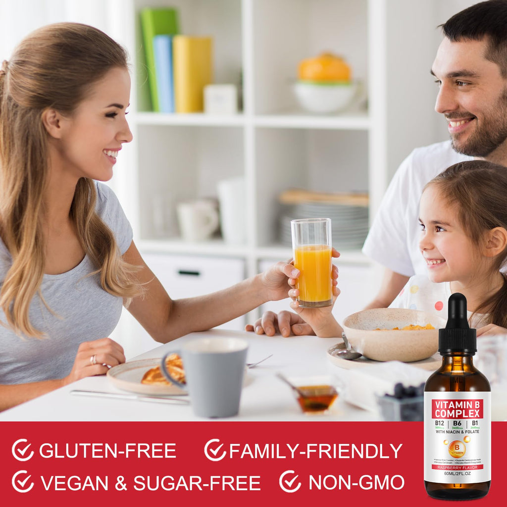 Vitamin B Complex Liquid Drops – Vegan B12 (Methylcobalamin) with B1, B3, B6, B9 and Niacin – 40 Servings
