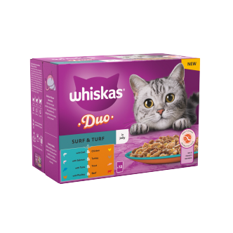 4 x Whiskas Cat 1+ Pouch Jelly  Duo Surf & Turf 12 Pack - 12X85Gm