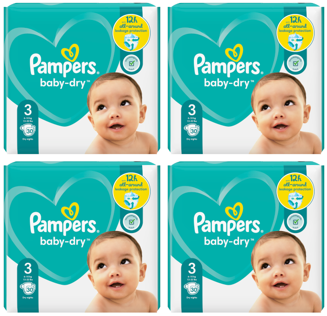 4 x Pampers Baby Dry Size 3 (Midi) 30 Pack