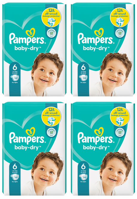 4 x Pampers Baby Dry Size 6 (Extra Large) 19 Pack