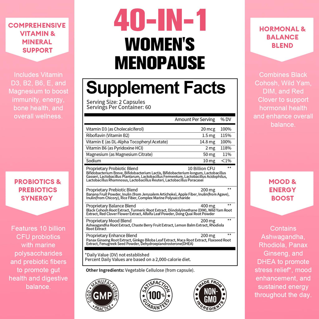 40-in-1 Menopause Supplements for Women – Multibenefit & Complete Black Cohosh, 120 Vegan Caps