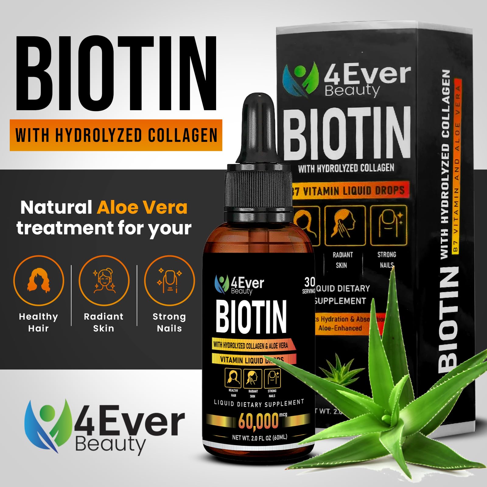 4Ever Beauty Biotin & Collagen Drops with Aloe – 60,000 mcg B7, Hair Growth, Nails, Skin – 2 fl oz