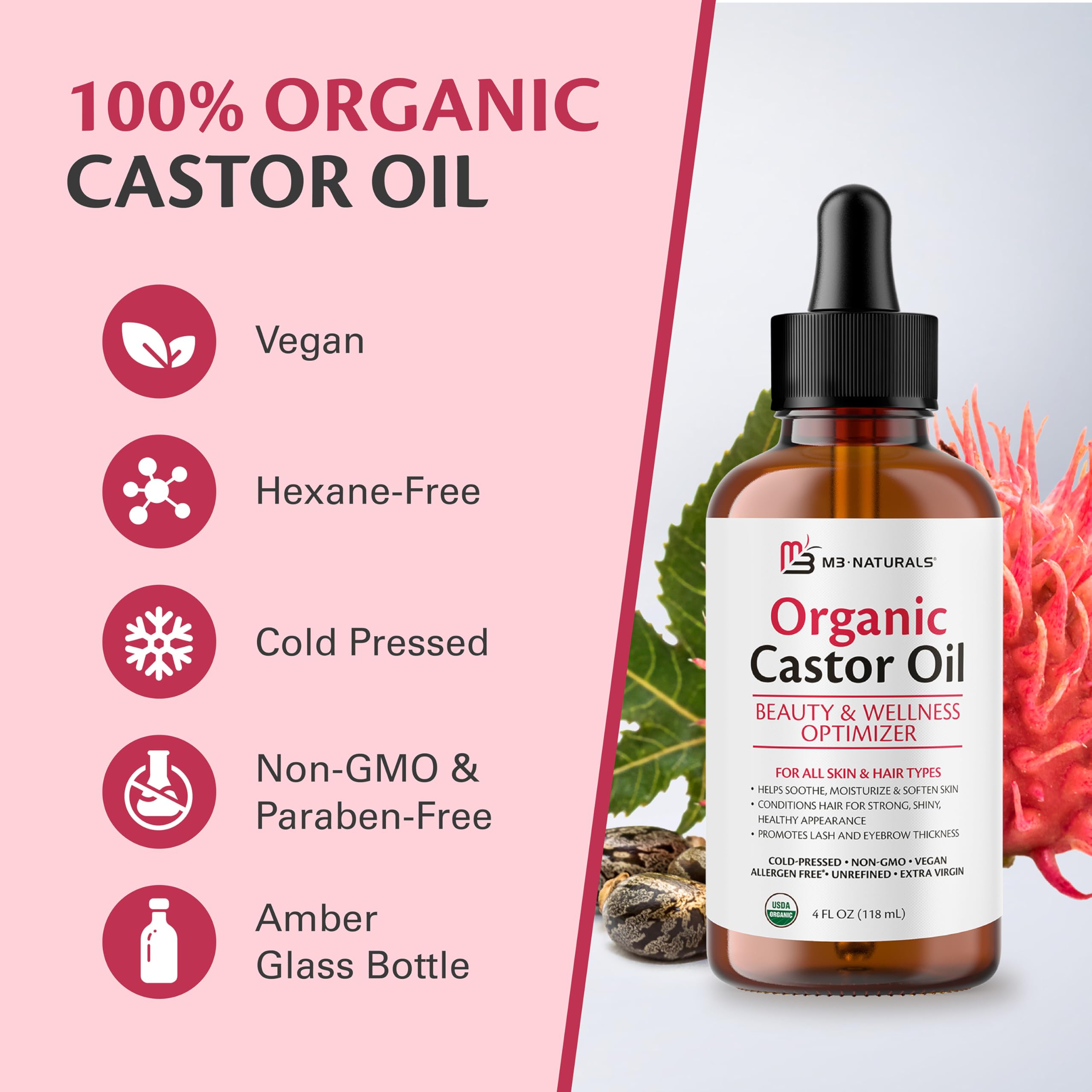 100% Pure Organic Castor Oil for Hair, Lash and Eyebrow Growth, Lymphatic Drainage and Skin Hydration | Hexane-Free, Cold Pressed, Unrefined in a 4 fl oz Glass Bottle with Dropper