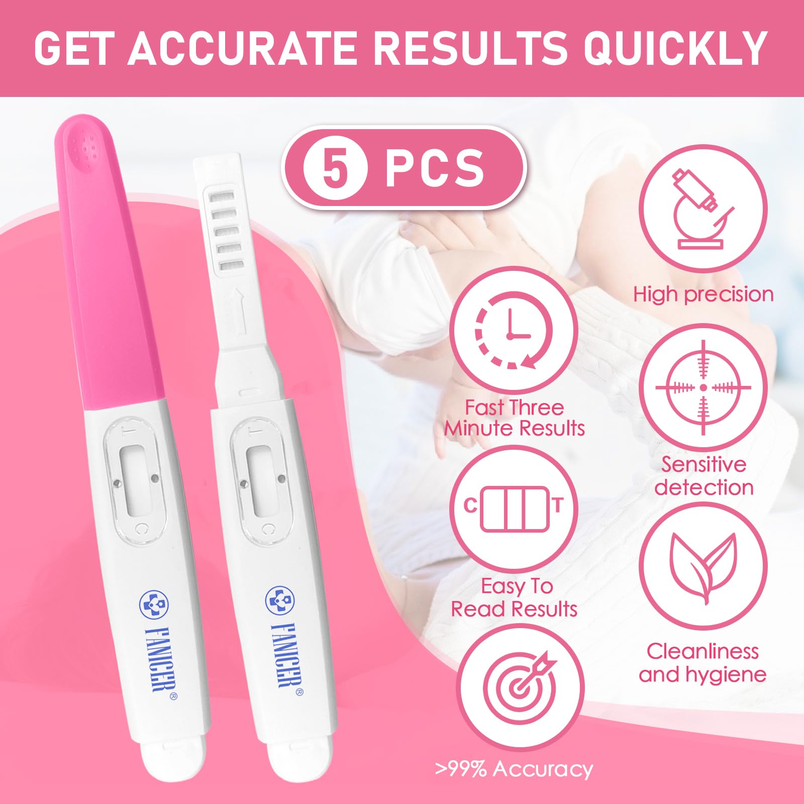 5 Count Early Detection Pregnancy Tests - Rose Red, Individually Packed, At-Home HCG Kit