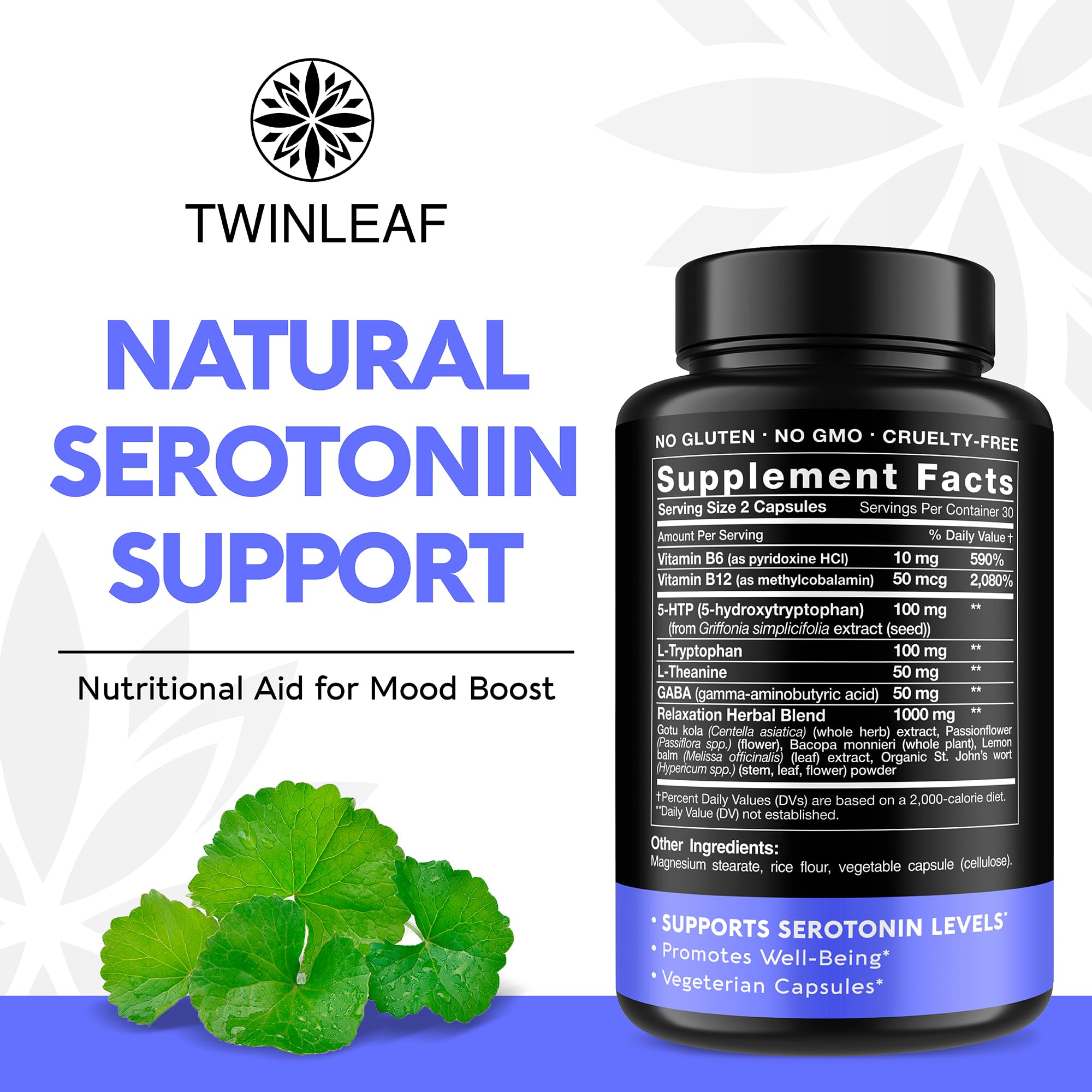 Natural Serotonin Supplement - USA Made, 60 Capsules | 5-HTP, B Vitamins, GABA