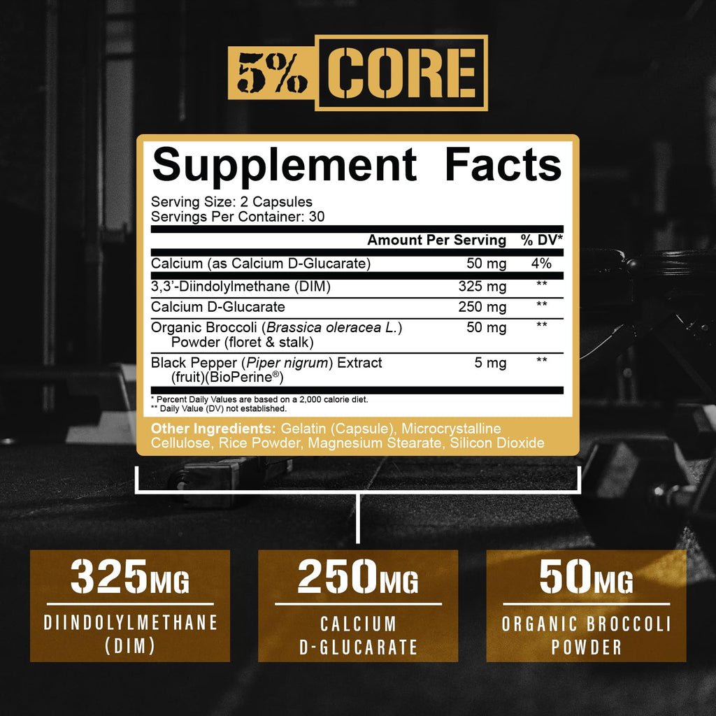 5% Nutrition Core DIM Supplement – Estrogen Support for Men & Women | DIM with Calcium D-Glucarate, Organic Broccoli & Bioperine