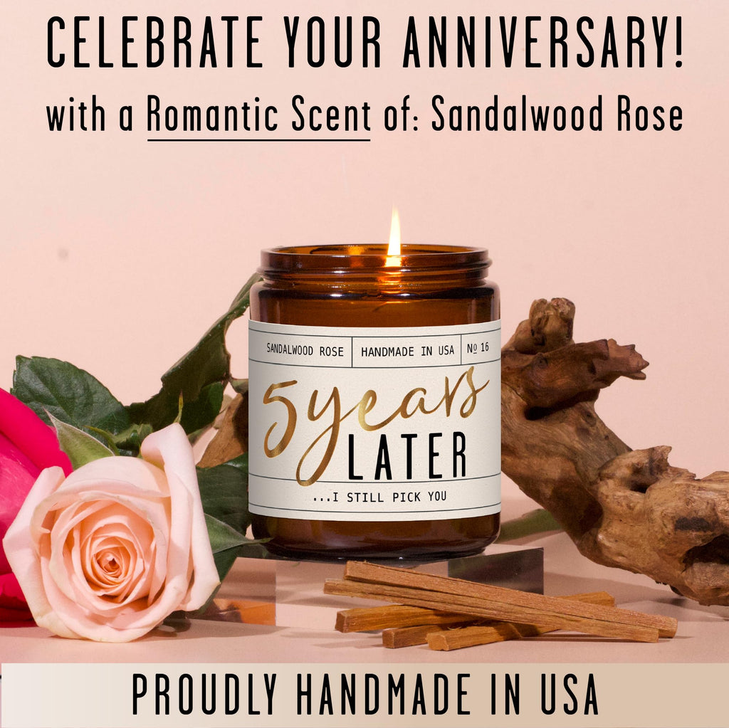 5 Year Anniversary Gift for Her — '5 Years Later' Soy Candle, Sandalwood Rose | 50Hr Burn | USA Made