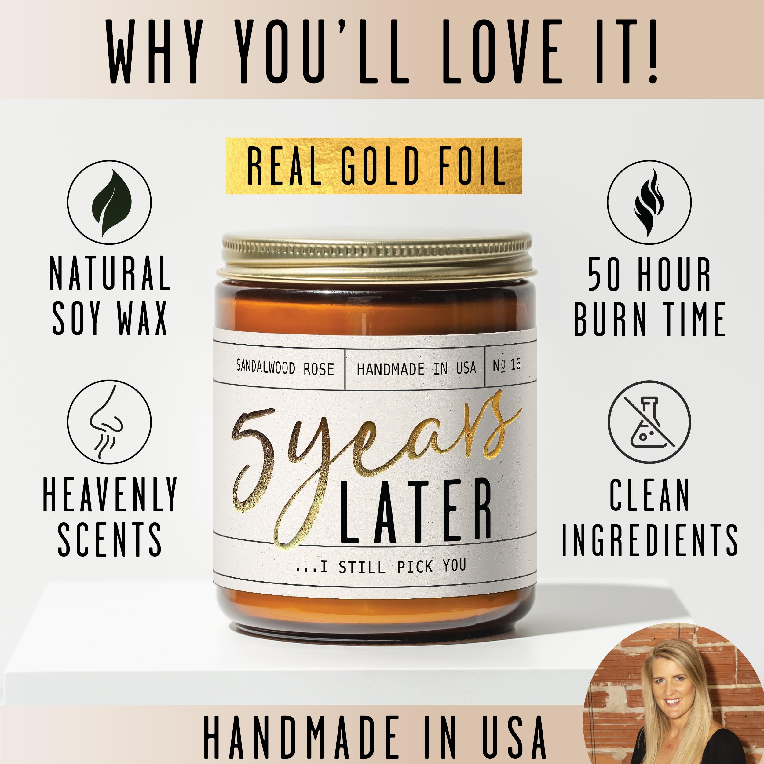 5 Year Anniversary Gift for Her — '5 Years Later' Soy Candle, Sandalwood Rose | 50Hr Burn | USA Made