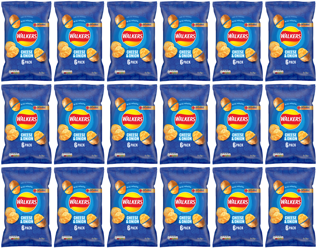 18 x Walkers Cheese & Onion 6Pk 6X25Gm