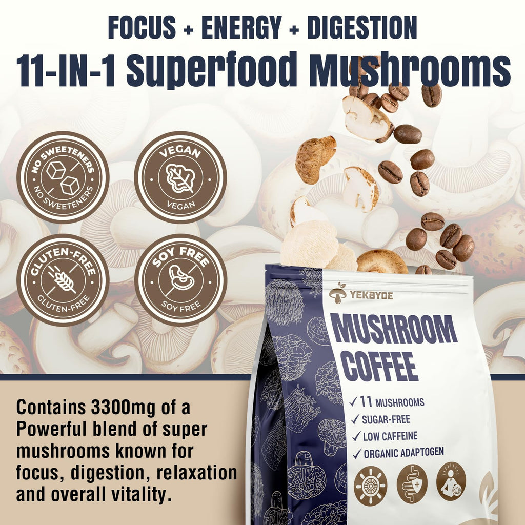 Mushroom Coffee – 11 Superfood Mushrooms with Lion’s Mane, Reishi, Chaga & Ashwagandha | Organic Instant Coffee, Low Caffeine & Sugar Free (5.3oz)