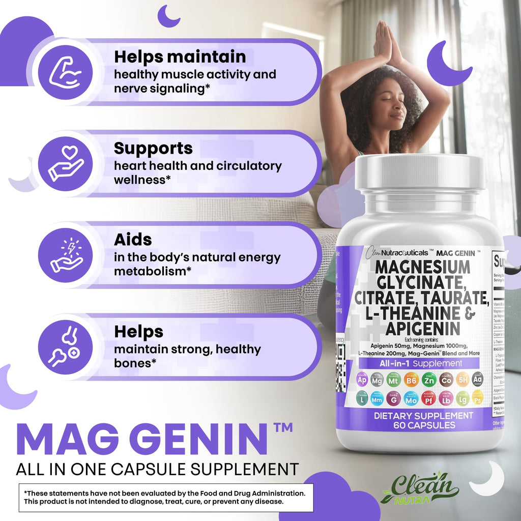Magnesium Glycinate Complex 1000mg with L-Theanine & Apigenin – 60 Count | Clean Nutraceuticals