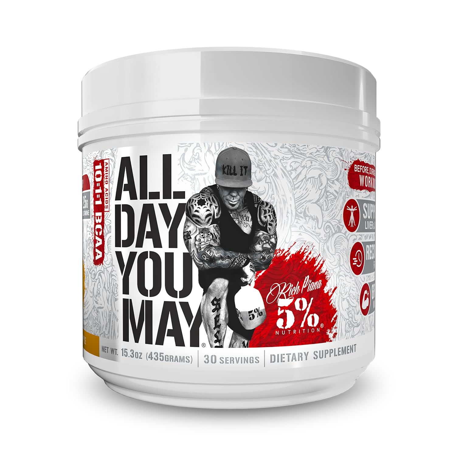 5% Nutrition Rich Piana AllDayYouMay BCAA Powder – Premium Intra & Post Workout Aminos, Mango Pineapple (16.93 oz, 30 Servings)