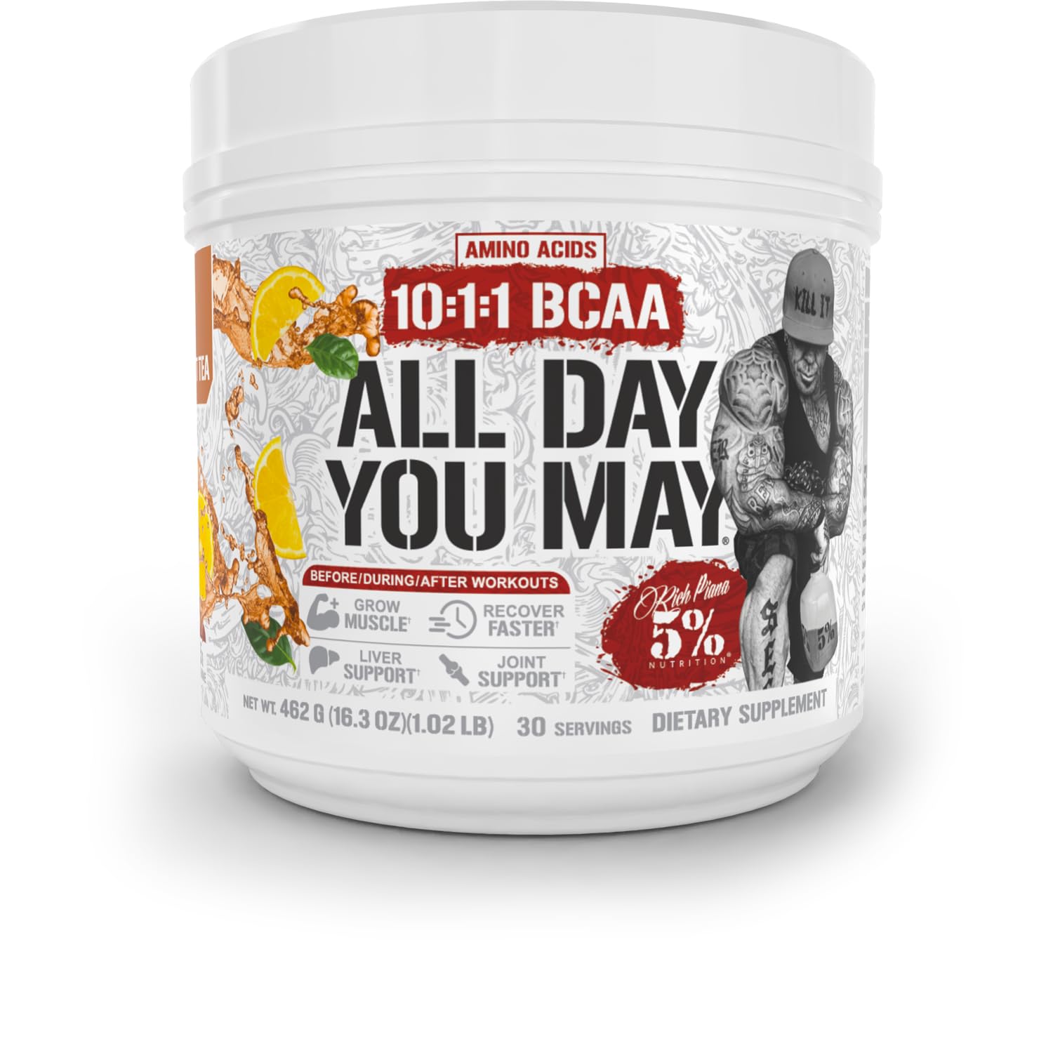 5% Nutrition Rich Piana AllDayYouMay BCAA Powder – Intra & Post-Workout Aminos, Hydration, Endurance | Southern Sweet Tea 16.3 oz