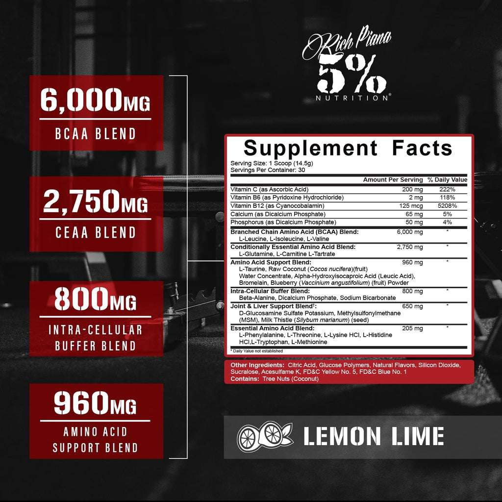 5% Nutrition Rich Piana AllDayYouMay BCAA Powder | Intra & Post-Workout Aminos, Hydration & Endurance – Lemon Lime, 15.3 oz