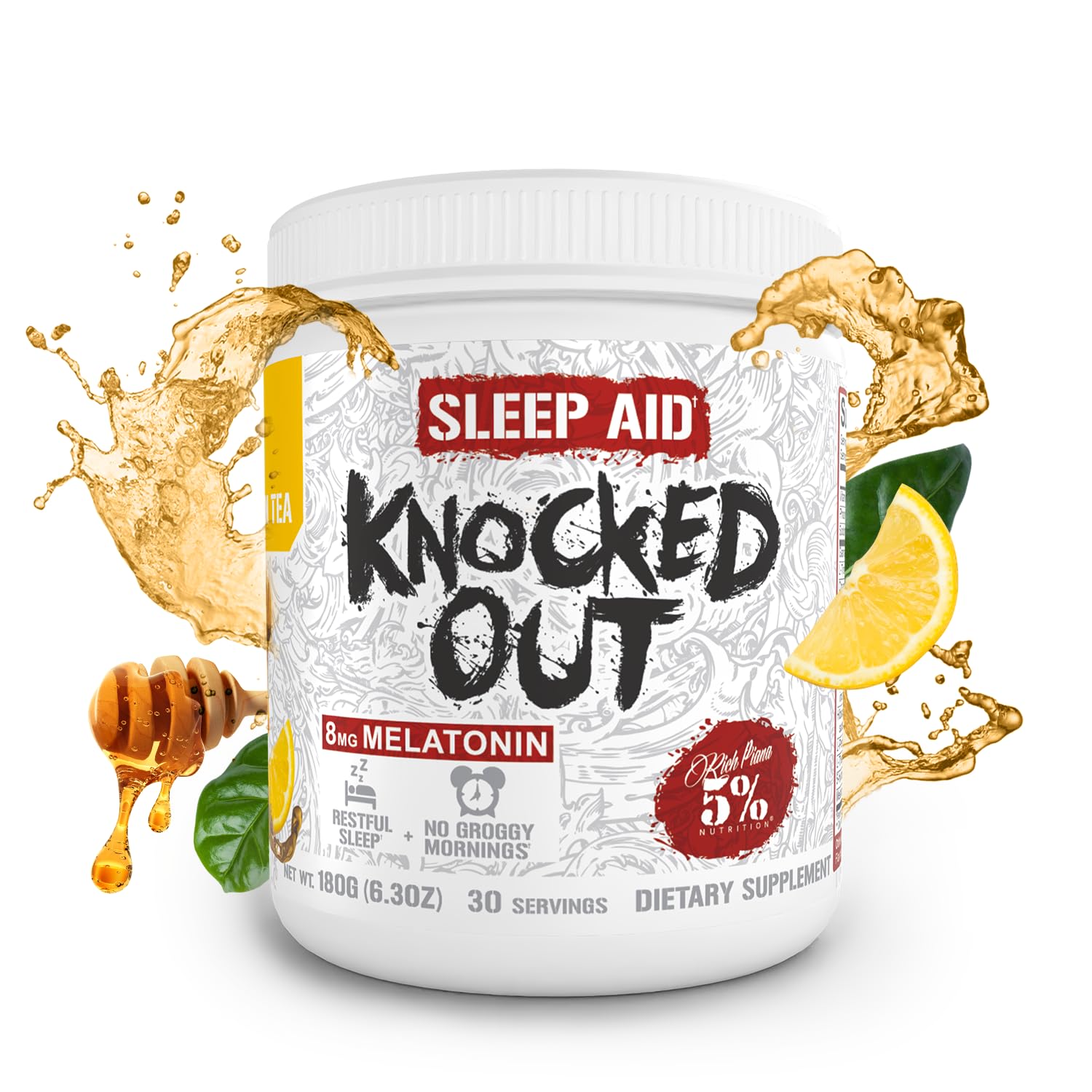 5% Nutrition Rich Piana Knocked Out Natural Sleep Aid Powder | Deep Sleep & Post-Workout Recovery | Honey Lemon Tea | 30 Servings