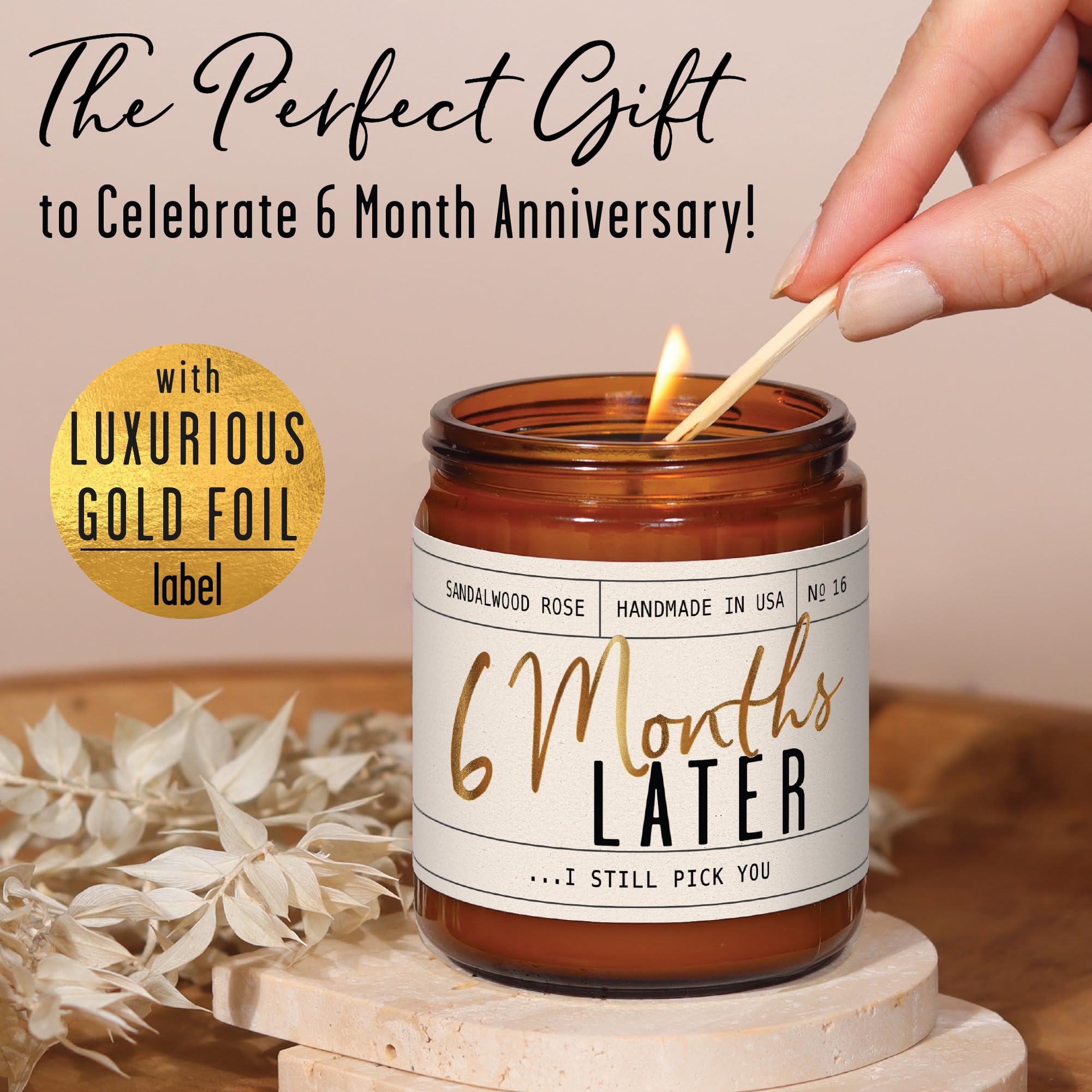6 Month Anniversary Gift for Girlfriend - Sandalwood Rose Soy Candle, 9oz, USA Made