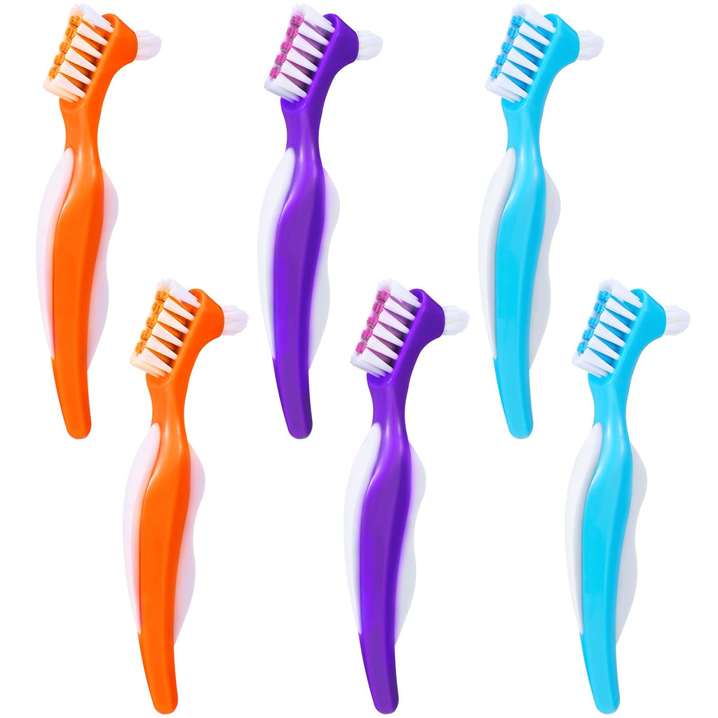 6 Pack Denture Cleaning Brush Dual Head – Angled, Portable Nylon Bristle Toothbrush (Blue/Orange/Purple)