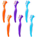 6 Pack Denture Cleaning Brush Dual Head – Angled, Portable Nylon Bristle Toothbrush (Blue/Orange/Purple)
