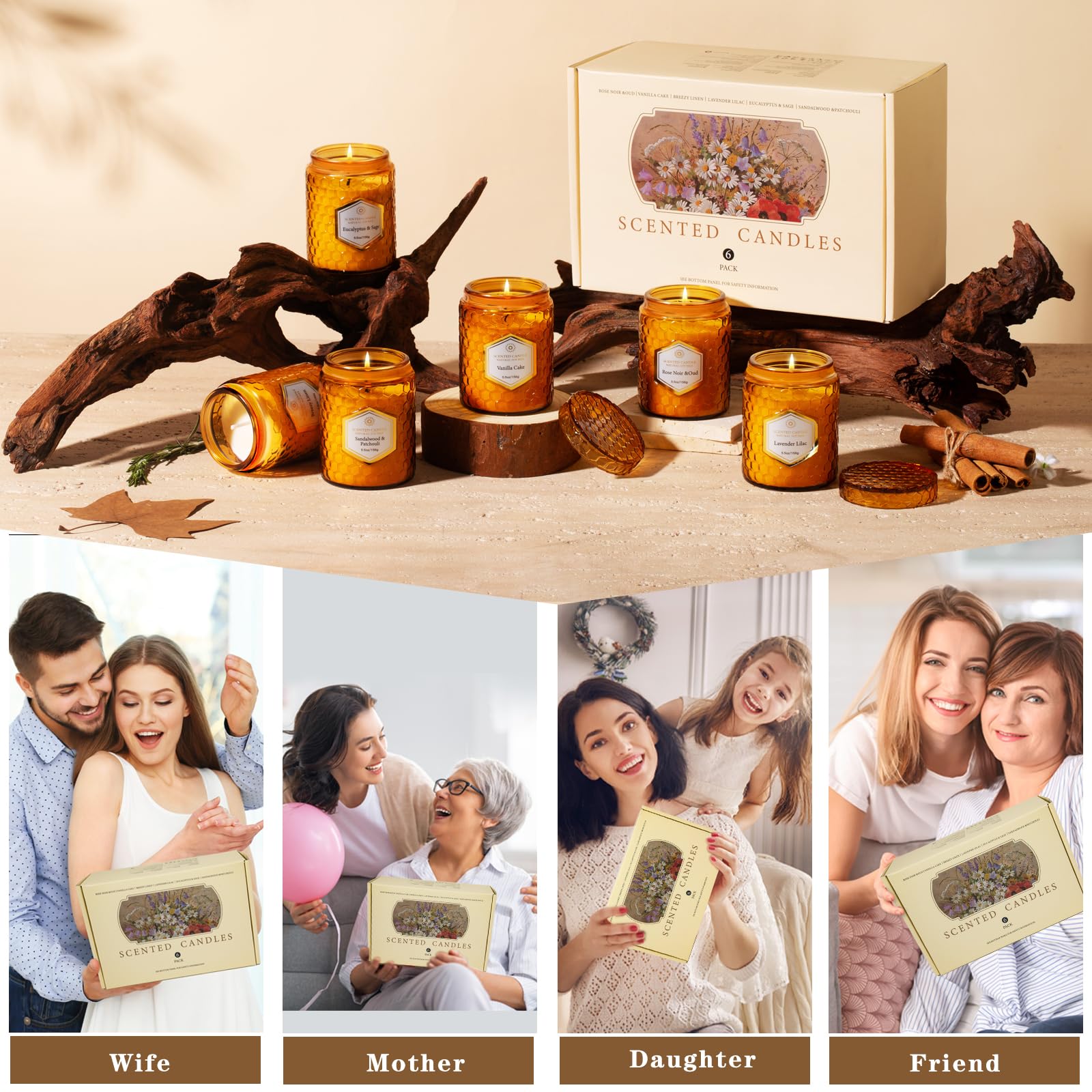 6 Pack Natural Soy Wax Jar Candles – 33 oz Each, 240 Hours Total, Aromatherapy Gift Set for Women (Amber)