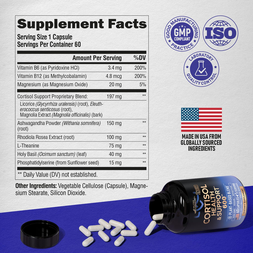 Cortisol Supplement for Women – Holy Basil, Ashwagandha, Rhodiola – Plant-Based Hormone Balance – 60 Capsules – Made in USA – Vegan, Non-GMO