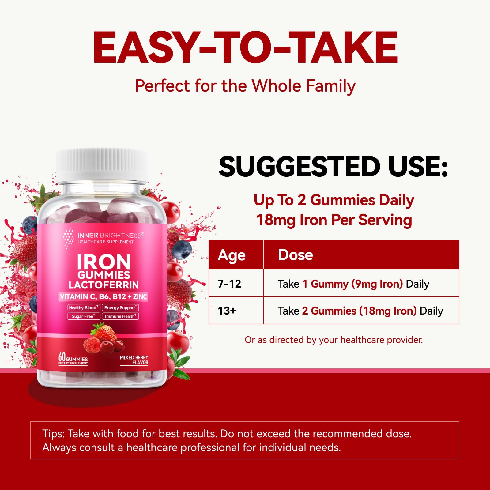 Iron Gummies with Lactoferrin, Vitamin C, B6, B12 & Zinc – Sugar-Free, Vegan (60 Count)