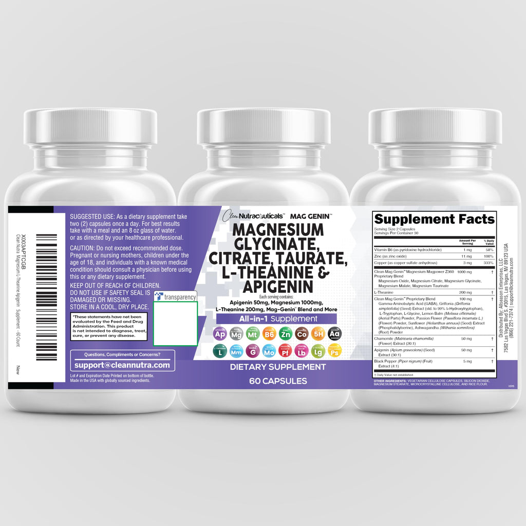 Magnesium Glycinate Complex 1000mg with L-Theanine & Apigenin – 60 Count | Clean Nutraceuticals