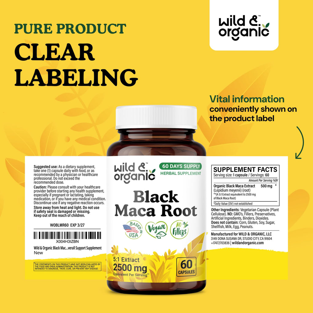 Wild & Organic Black Maca Root Capsules 500 mg – 60 Veg Caps, Non-GMO, Gluten-Free