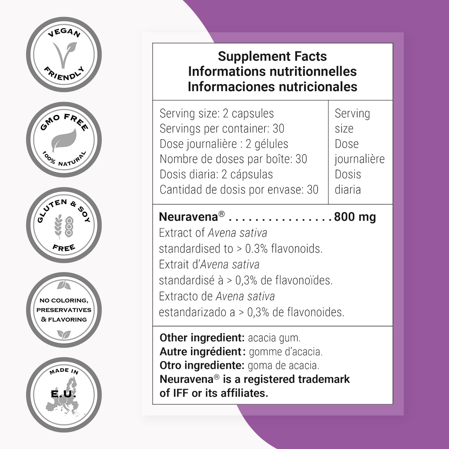 Supersmart Natural Dopamine Support 800 mg Daily – Neuravena Avena sativa 0.3% Isovitexin | Brain Supplement | Non-GMO & Gluten Free | 60 Vegetarian Capsules