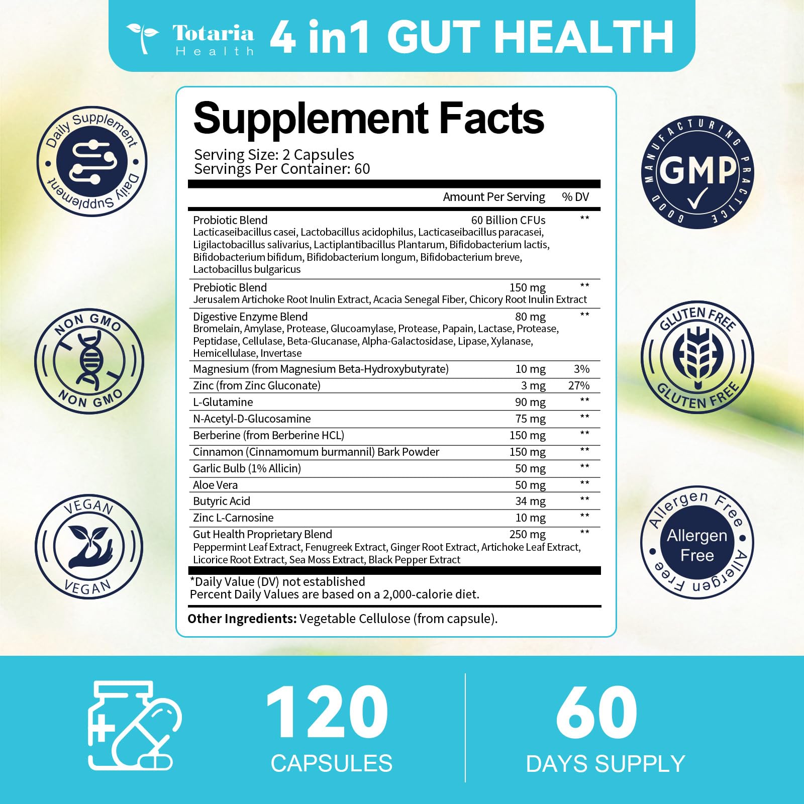 4-in-1 Gut Health Supplement with 60B CFU Probiotics for Immunity & Skin | Women & Men