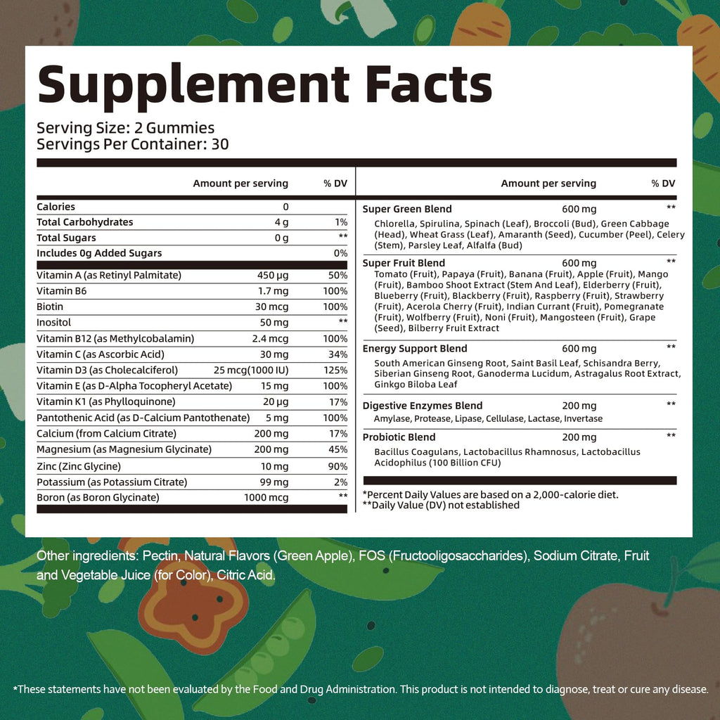 61-in-1 Super Greens Gummies for Women & Men | Probiotics, Energy & Digestive Health | Sugar Free