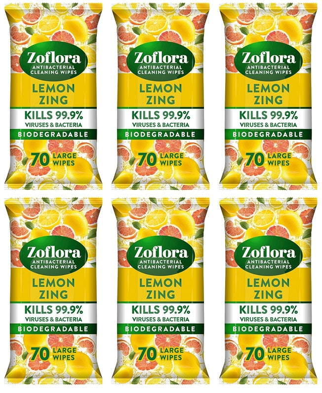 6 x Zoflora Antibacterial Wipes Lemon Zing  - 70 PACK