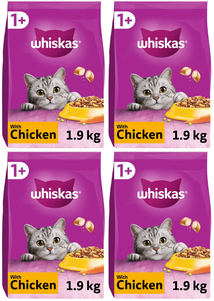 4 x Whiskas 1+ Chicken Adult Dry Cat Food 1.9Kg