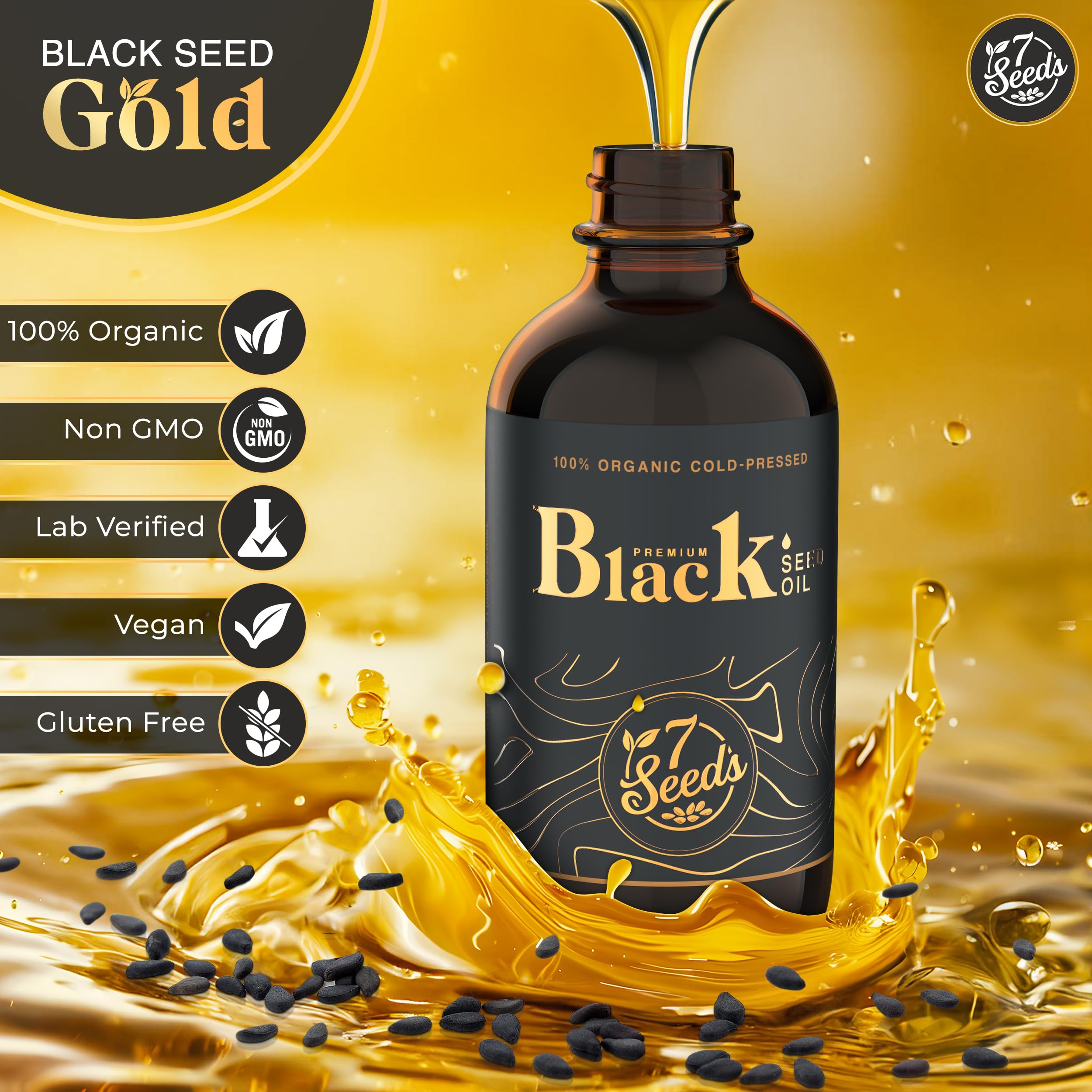 7 Seeds Cold Pressed Black Seed Oil - 240 ml Cold Pressed Nigella Sativa Liquid for Immune Support, Inflamation Support, Digestion, Hair & Skin (8 Fl Oz)